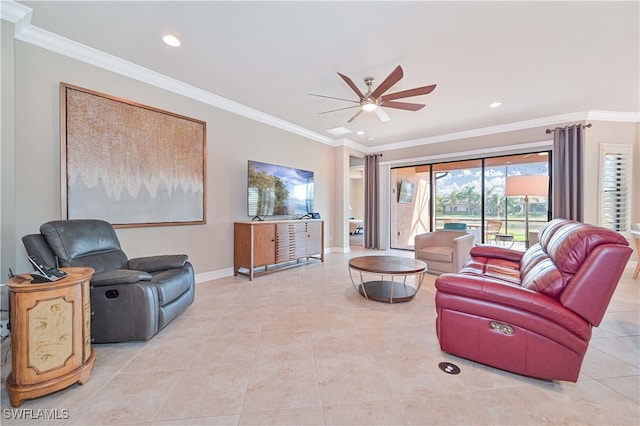 tiled living room with crown molding and ceiling fan