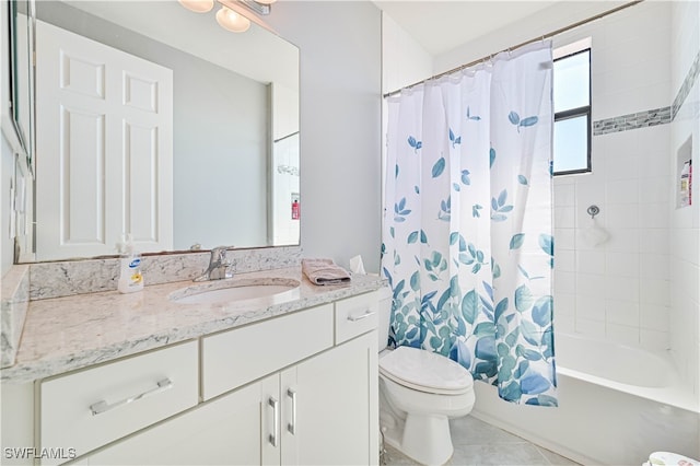 full bathroom with vanity, toilet, shower / bath combination with curtain, and tile patterned flooring