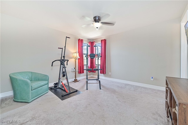 workout room featuring carpet and ceiling fan