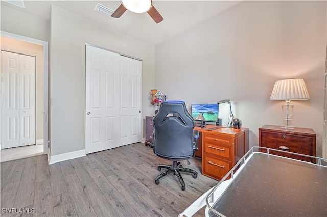 office area featuring ceiling fan and light wood-type flooring