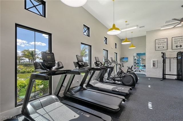 workout area featuring a towering ceiling and plenty of natural light