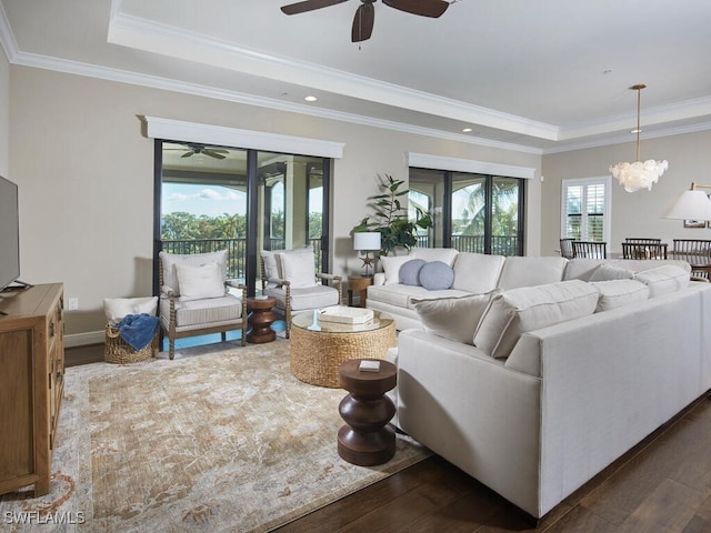 living room featuring crown molding, dark wood-type flooring, and a raised ceiling