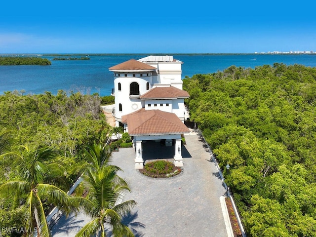 drone / aerial view with a water view