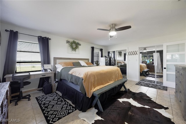 bedroom with light tile patterned floors and ceiling fan