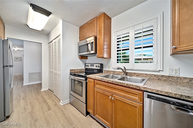 kitchen with light wood-type flooring, sink, and stainless steel appliances