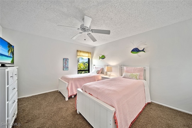 bedroom with dark carpet, a textured ceiling, and ceiling fan