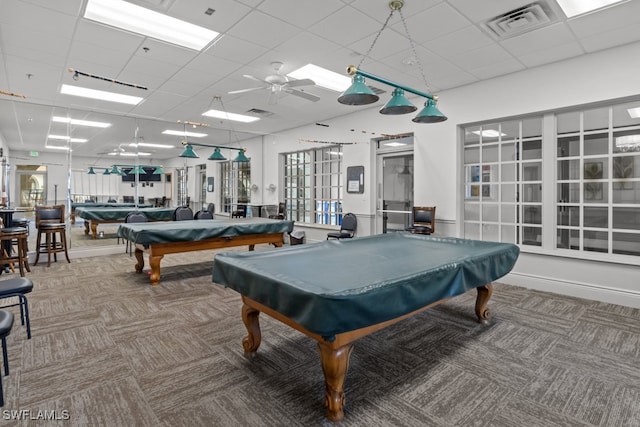 rec room with carpet floors, billiards, and ceiling fan