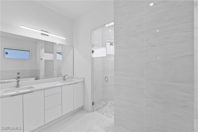 bathroom with vanity and a shower with shower door