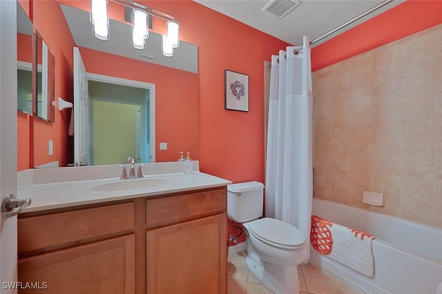 full bathroom with vanity, shower / bathtub combination with curtain, tile patterned floors, and toilet