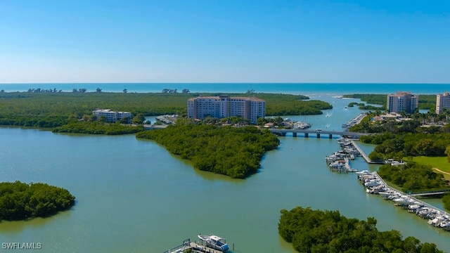 birds eye view of property featuring a water view