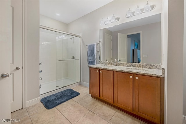 bathroom with vanity, tile patterned flooring, and an enclosed shower