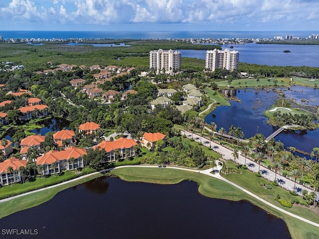 drone / aerial view featuring a water view