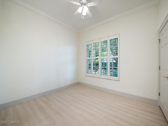 unfurnished room featuring ceiling fan, ornamental molding, and light hardwood / wood-style flooring