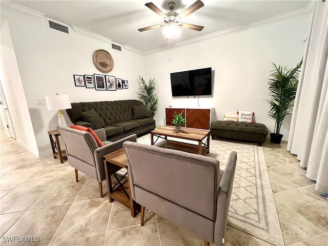 living room featuring crown molding and ceiling fan