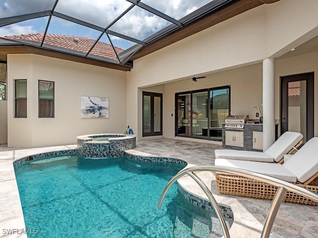 view of swimming pool with a patio, ceiling fan, an in ground hot tub, grilling area, and a lanai