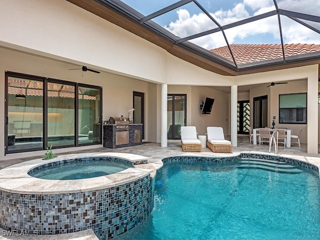 view of swimming pool featuring ceiling fan, a patio, an in ground hot tub, and a lanai