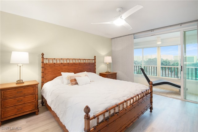 bedroom featuring light hardwood / wood-style flooring and ceiling fan