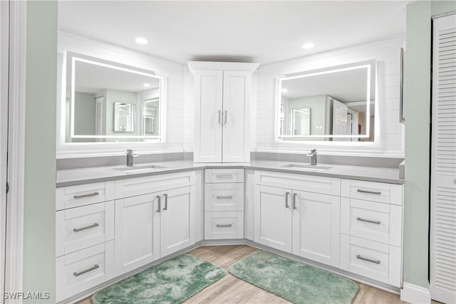 full bathroom featuring vanity, a closet, and wood finished floors