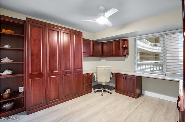 office area featuring ceiling fan, light hardwood / wood-style flooring, and built in desk