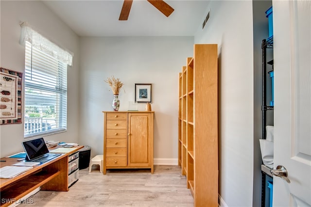 office area featuring light wood-type flooring and ceiling fan