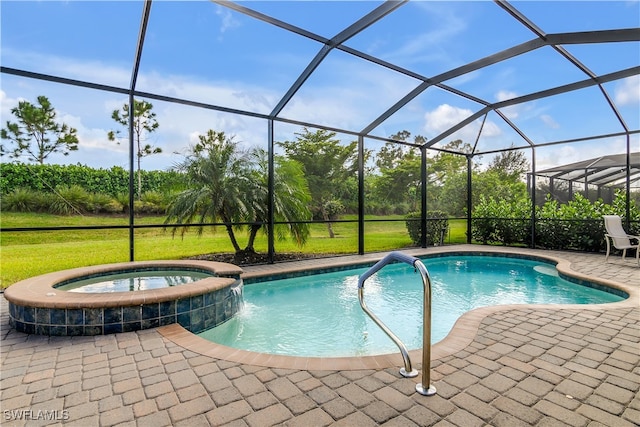 view of swimming pool with an in ground hot tub, a lanai, pool water feature, a patio, and a lawn