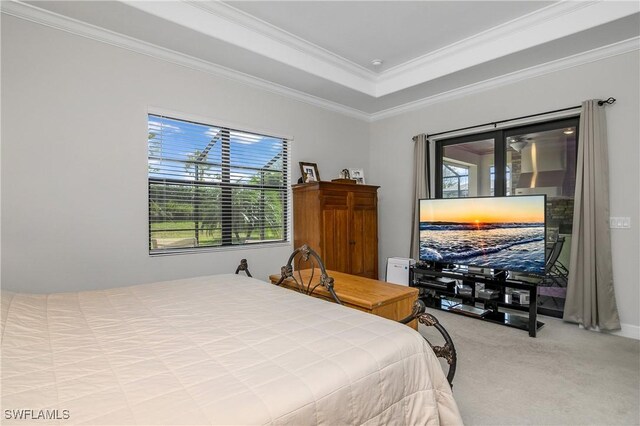 bedroom with light colored carpet and ornamental molding