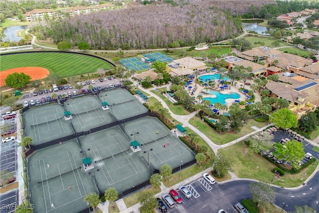 birds eye view of property featuring a water view