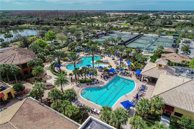 aerial view featuring a water view