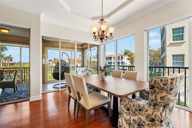 dining area featuring an inviting chandelier, dark hardwood / wood-style floors, and a raised ceiling