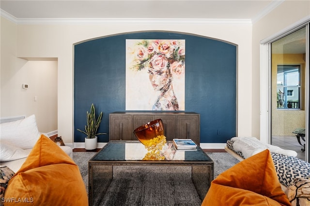 living room with ornamental molding