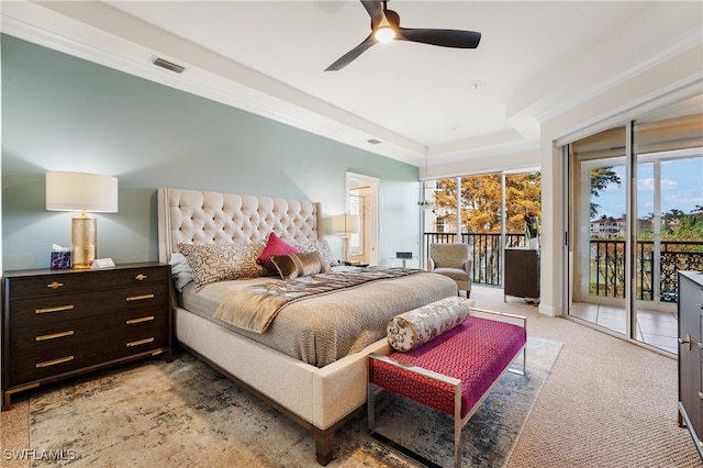 11160 Harbour Yacht Ct Unit C, Fort Myers, FL 33908 - bedroom featuring a ceiling fan, light colored carpet, visible vents, a raised ceiling, and access to outside