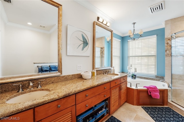 bathroom with separate shower and tub, vanity, a chandelier, and ornamental molding