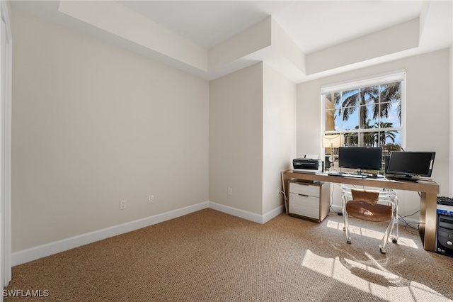 carpeted office featuring a raised ceiling