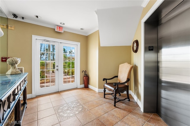 doorway with light tile patterned flooring, crown molding, elevator, and french doors