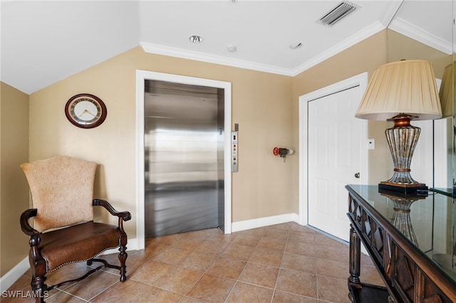 interior space featuring elevator, crown molding, and lofted ceiling