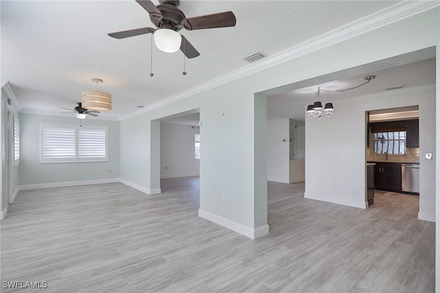 empty room with light wood-type flooring, ceiling fan with notable chandelier, and ornamental molding