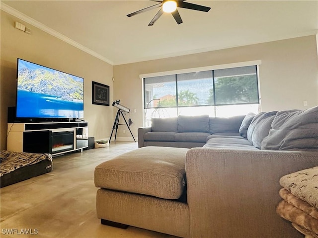 carpeted living room with ornamental molding and ceiling fan