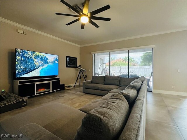 living room with crown molding and ceiling fan