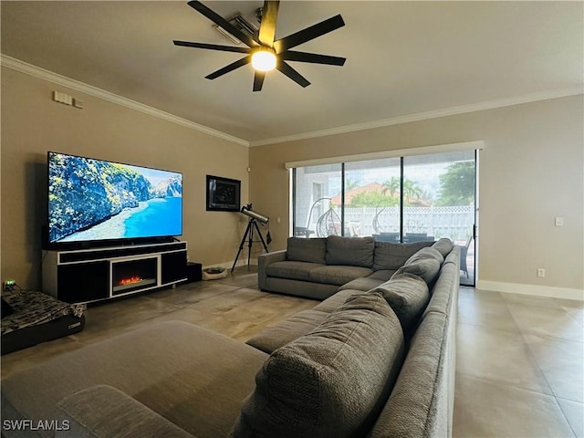 living room featuring crown molding and ceiling fan