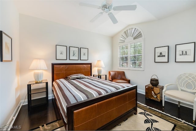 bedroom featuring lofted ceiling, baseboards, a ceiling fan, and light wood-style floors