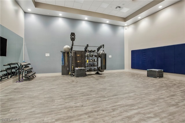 workout room with light wood-type flooring and a towering ceiling