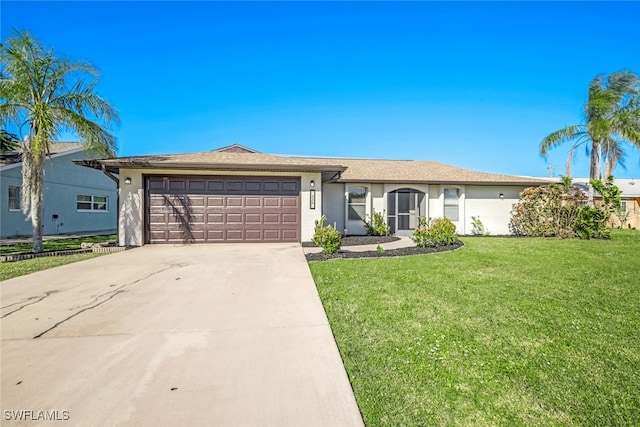 ranch-style house with a front yard and a garage