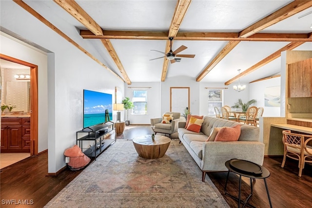 living room with dark hardwood / wood-style floors, lofted ceiling with beams, and ceiling fan with notable chandelier