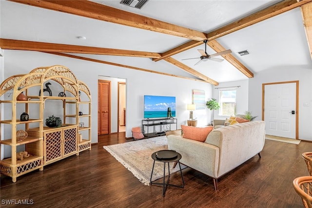 living room featuring vaulted ceiling with beams, dark hardwood / wood-style floors, and ceiling fan