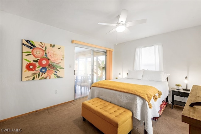 carpeted bedroom featuring ceiling fan and access to exterior