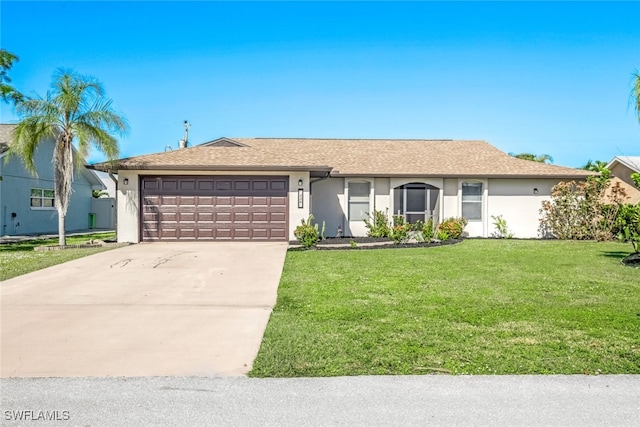 ranch-style house with a front lawn and a garage