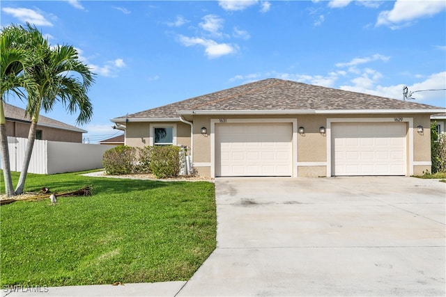 ranch-style house featuring a garage and a front lawn