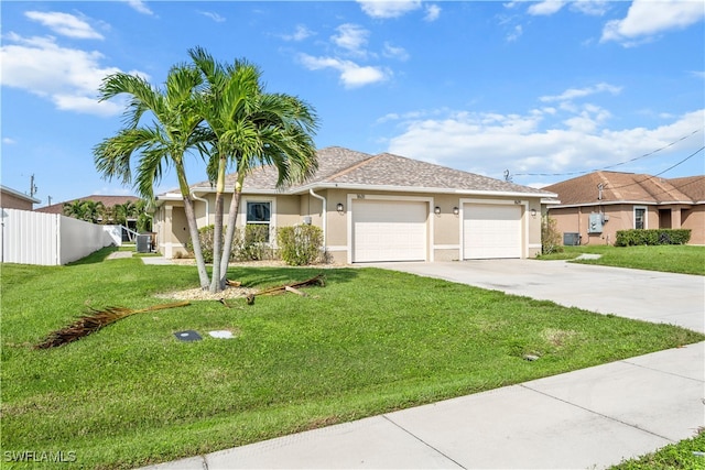 ranch-style home featuring a front yard and a garage