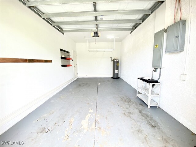 garage featuring a garage door opener, electric panel, and water heater