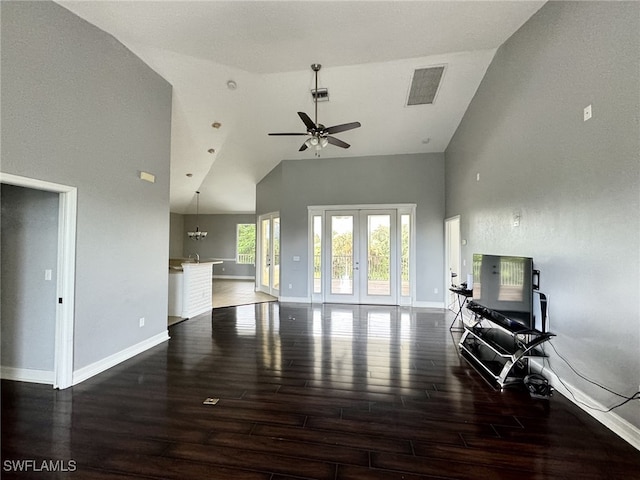 living room featuring high vaulted ceiling, ceiling fan, and dark hardwood / wood-style floors